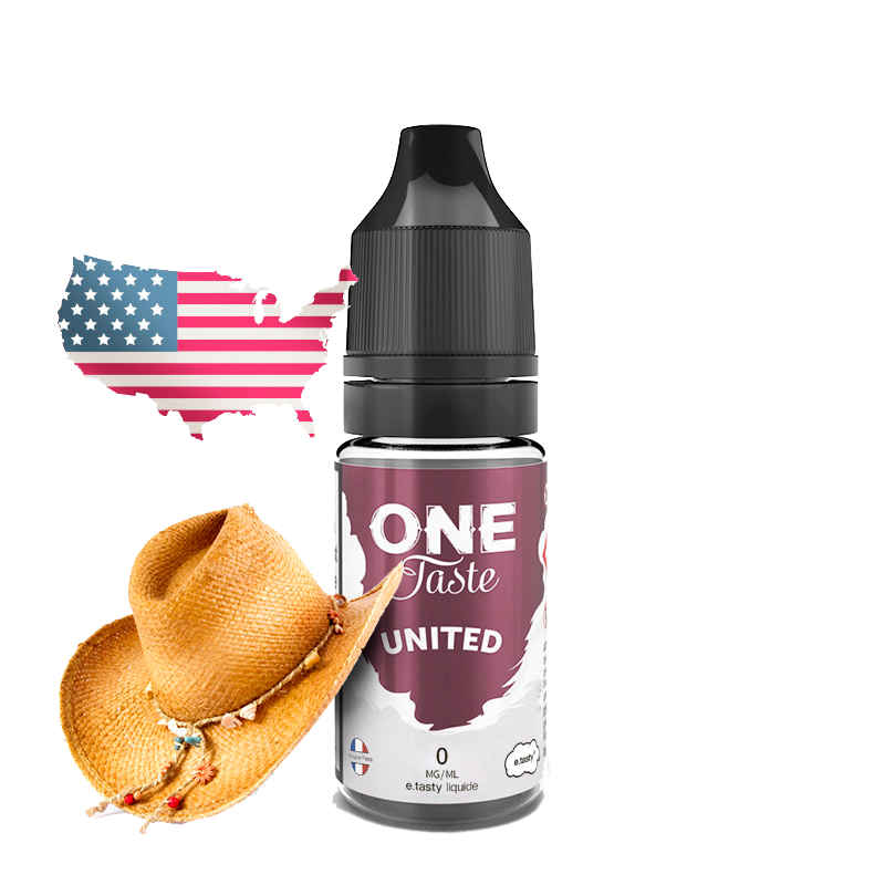 E-Liquide United  E.Tasty avec la carte des états-unis et un chapeau de coboye