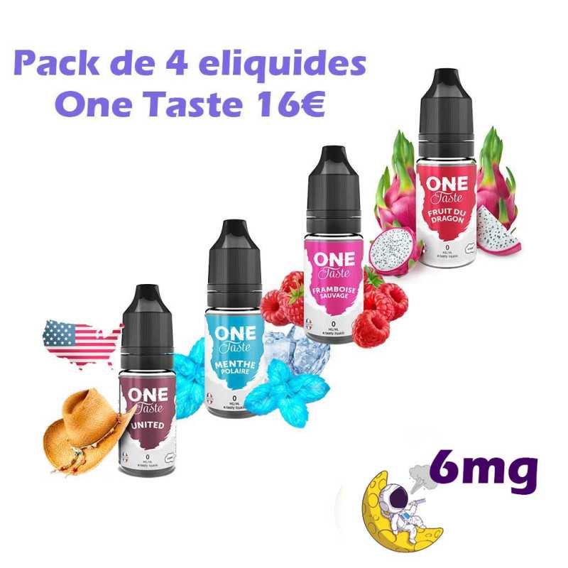 Pack de 4 eliquides Classique Mentholé Fruité 6 mg One Taste united, menthe polaire, framboise sauvage et Fruit du Dragon